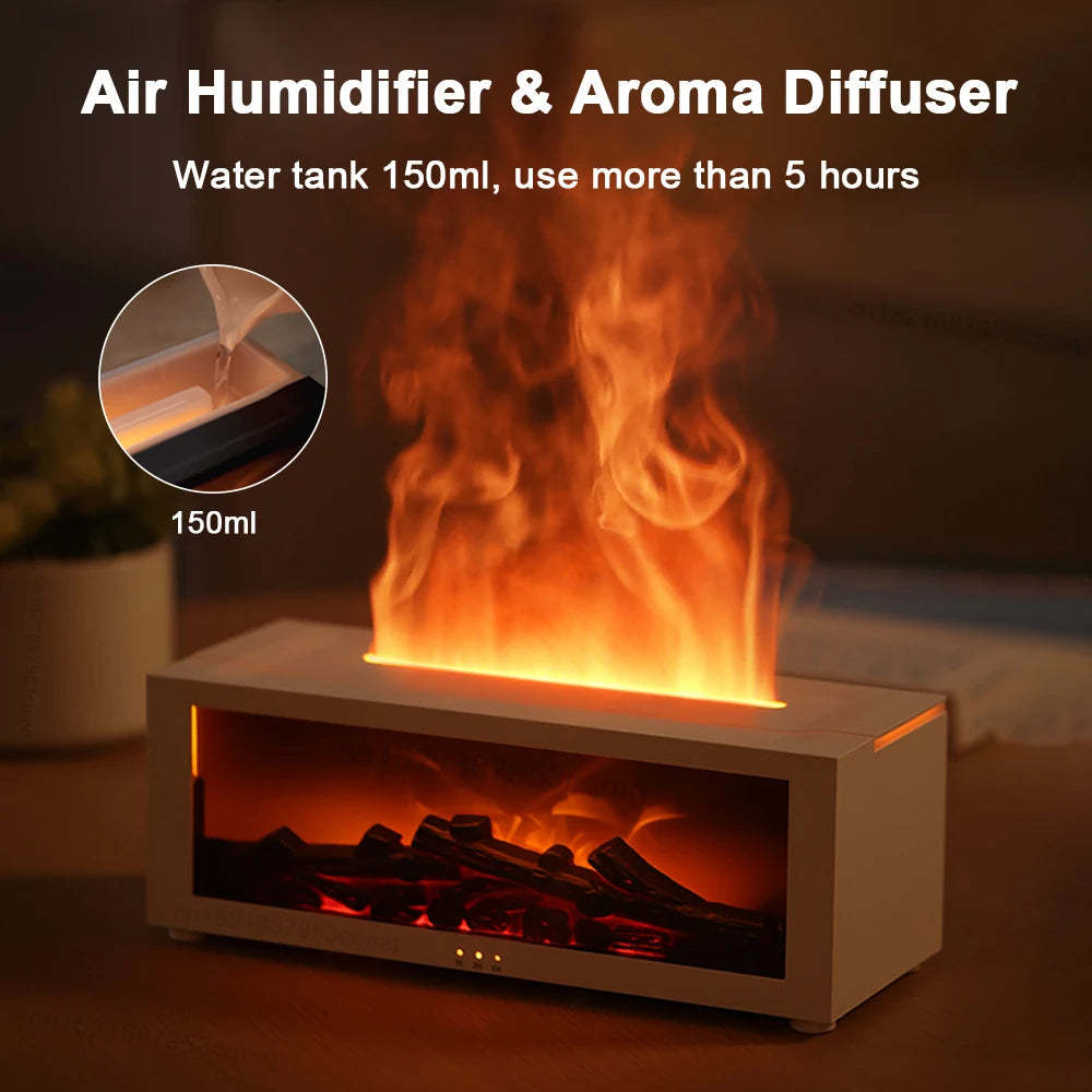 Flame Glow Essential Oil Diffuser – Large Mist & 3D Fireplace Effect